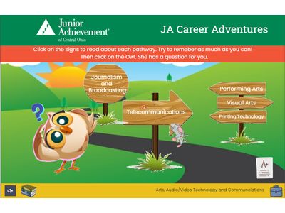Screenshot of the JA Career Adventures program that shows a bunch of wooden direction signs each with a different career. They are buttons that lead to more information about the career. There is also an owl with a question mark over its head. Students click the owl after exploring this page to answer a quiz question.